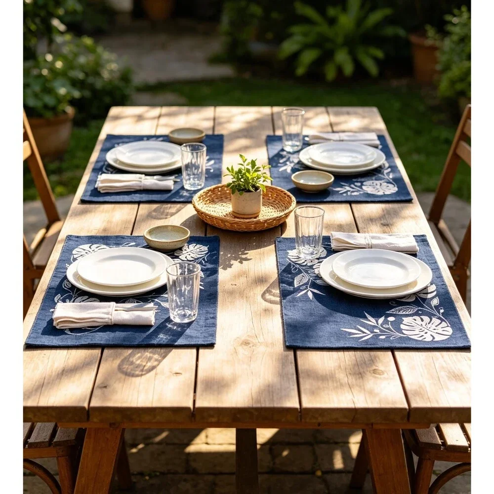 Handmade Indigo Batik Monstera Placemats, Botanical Table Mats, Kitchen Dining